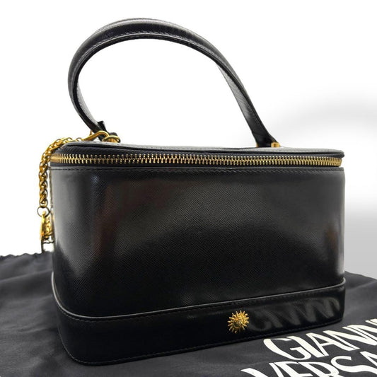 VERSACE Vanity Hand Bag Tote Purse Sunburst Leather Black Authentic