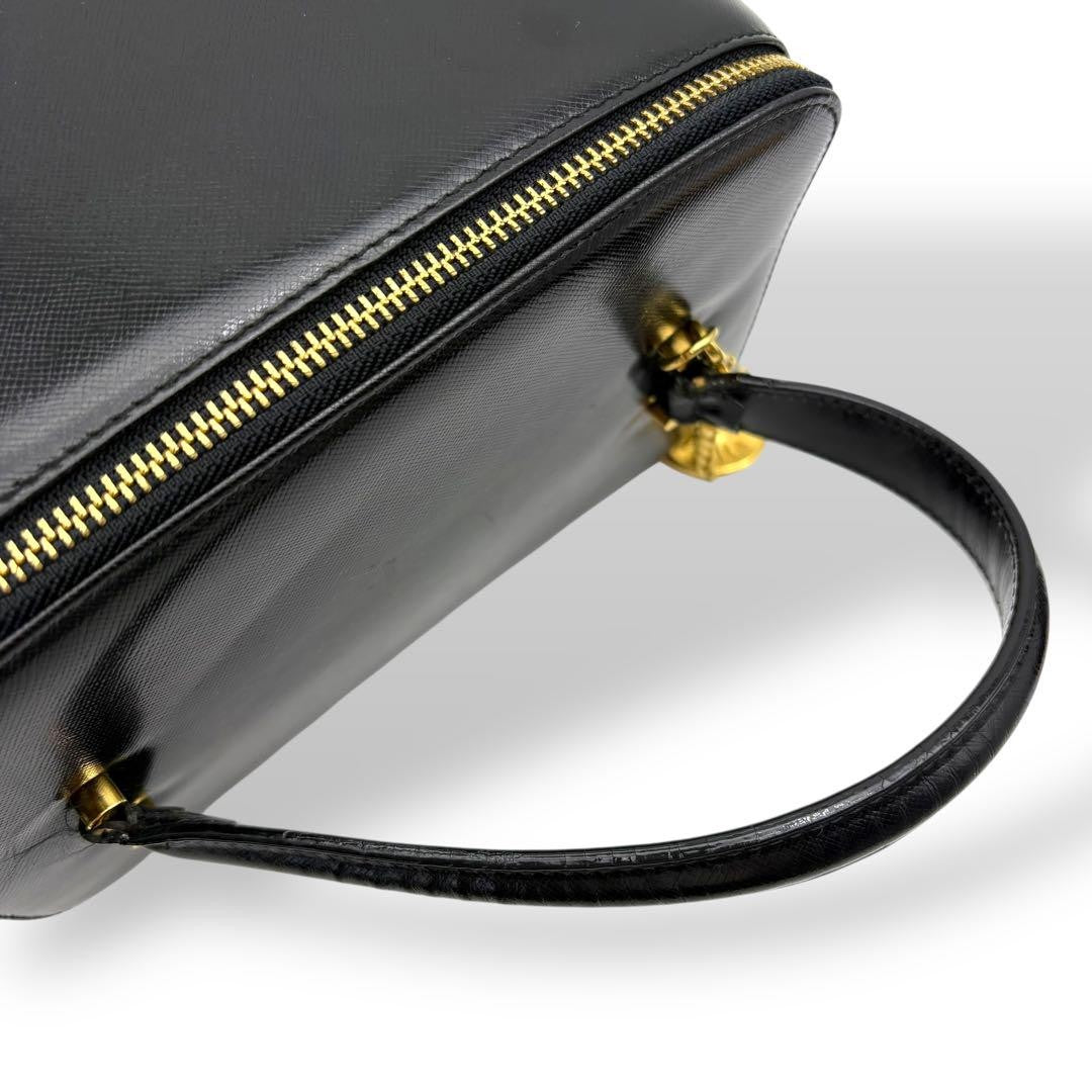 VERSACE Vanity Hand Bag Tote Purse Sunburst Leather Black Authentic