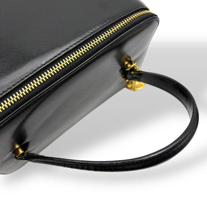 VERSACE Vanity Hand Bag Tote Purse Sunburst Leather Black Authentic