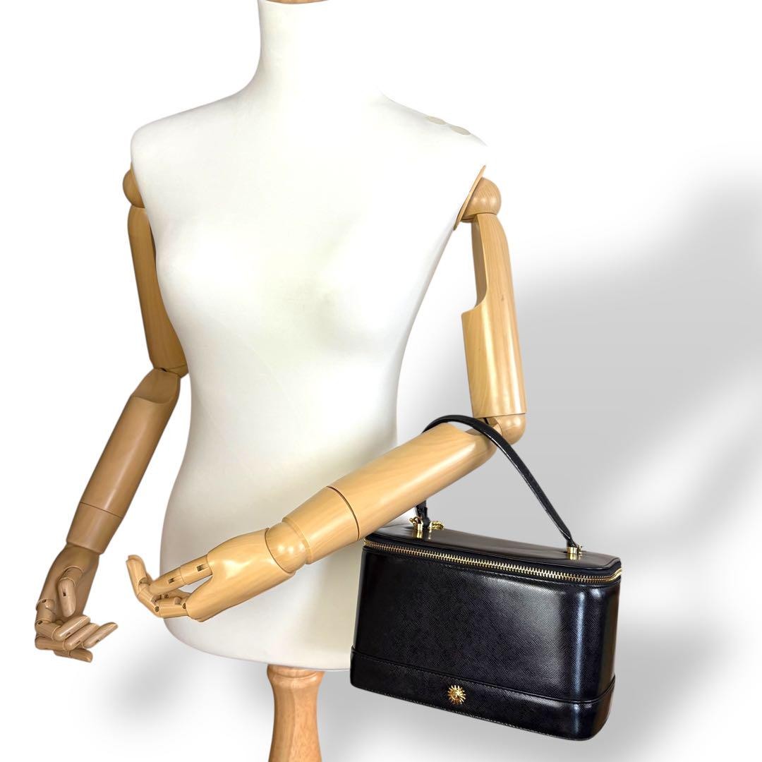 VERSACE Vanity Hand Bag Tote Purse Sunburst Leather Black Authentic