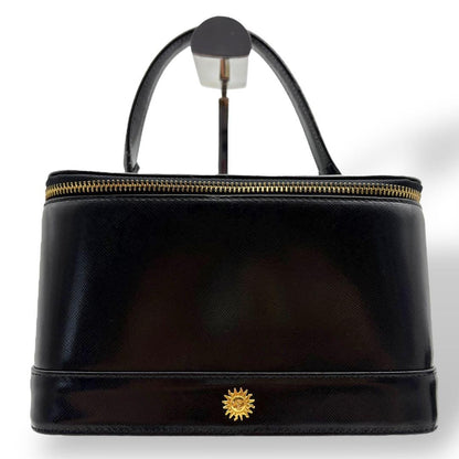 VERSACE Vanity Hand Bag Tote Purse Sunburst Leather Black Authentic
