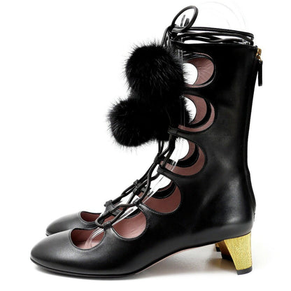 GUCCI Lace-up Ankle Boots Shoes EU 36 US 6 Leather Black Authentic