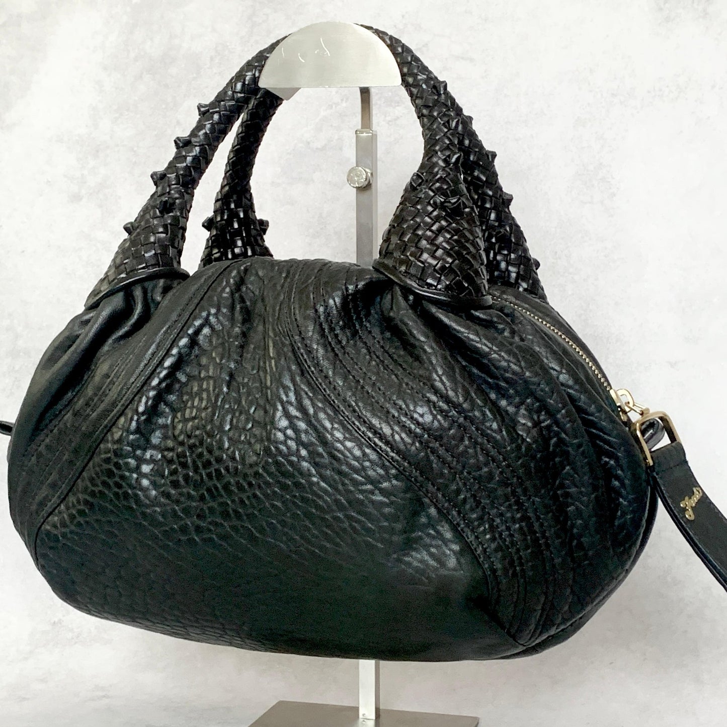 FENDI Bag Spy FF Zucca Hand Tote Purse Leather Black Gold Used Authentic