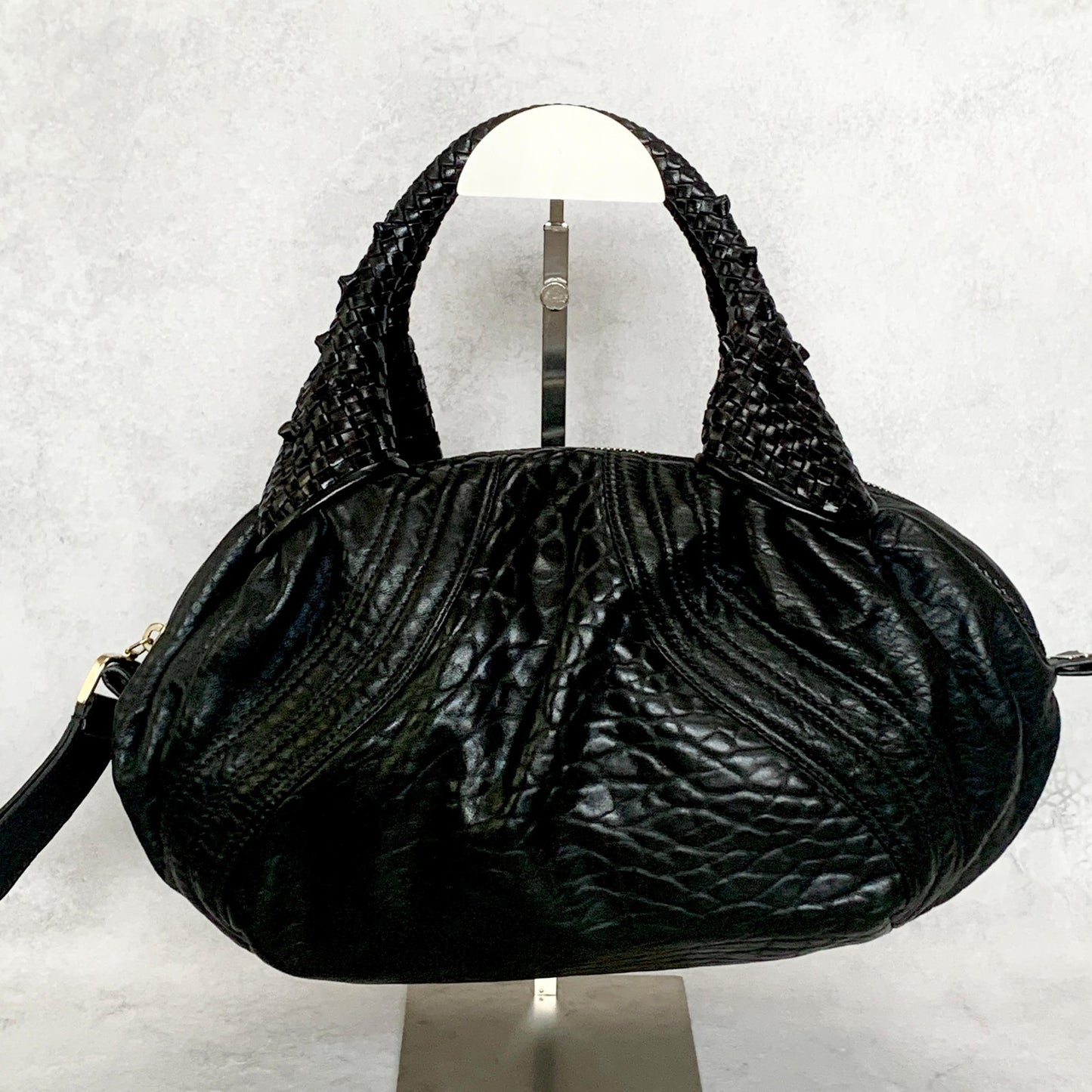 FENDI Bag Spy FF Zucca Hand Tote Purse Leather Black Gold Used Authentic