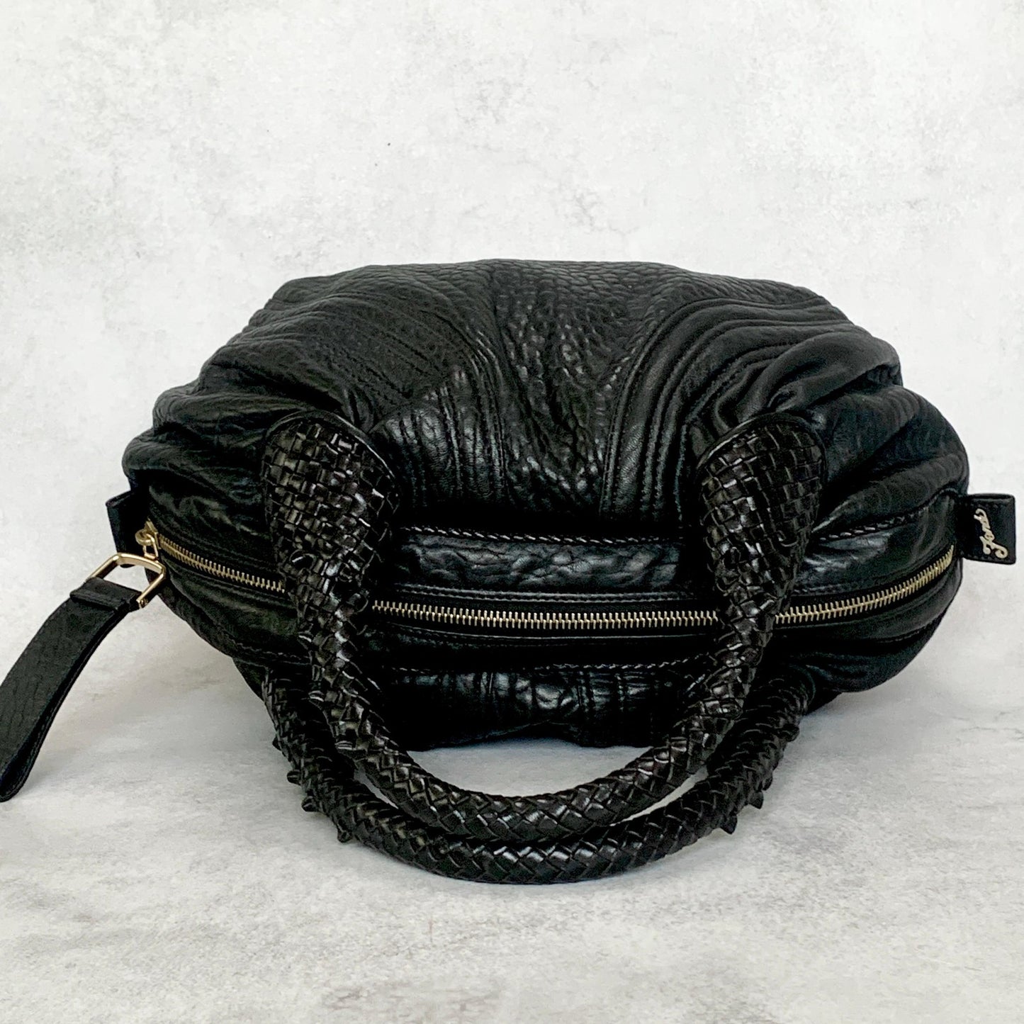 FENDI Bag Spy FF Zucca Hand Tote Purse Leather Black Gold Used Authentic