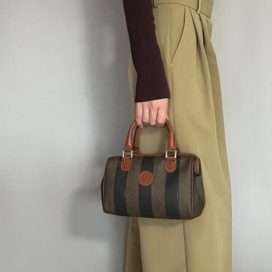 FENDI Hand Bag Pecan Mini Boston Tote Purse Leather Brown Silver Authentic