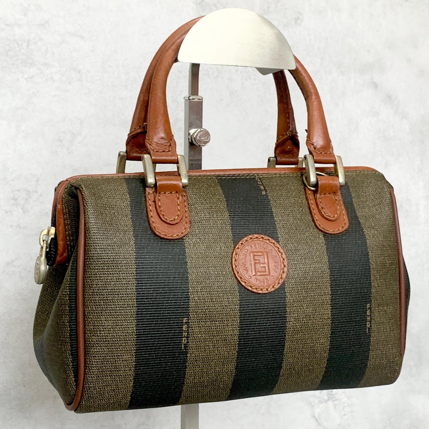 FENDI Hand Bag Pecan Mini Boston Tote Purse Leather Brown Silver Authentic
