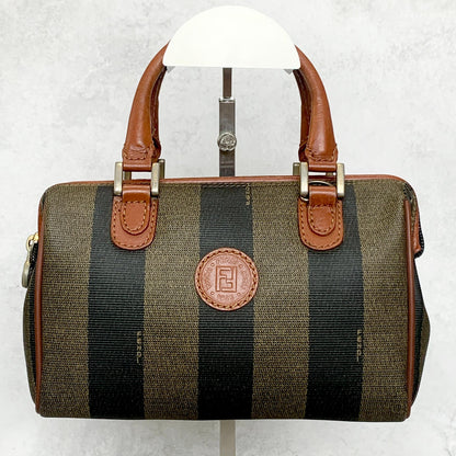 FENDI Hand Bag Pecan Mini Boston Tote Purse Leather Brown Silver Authentic