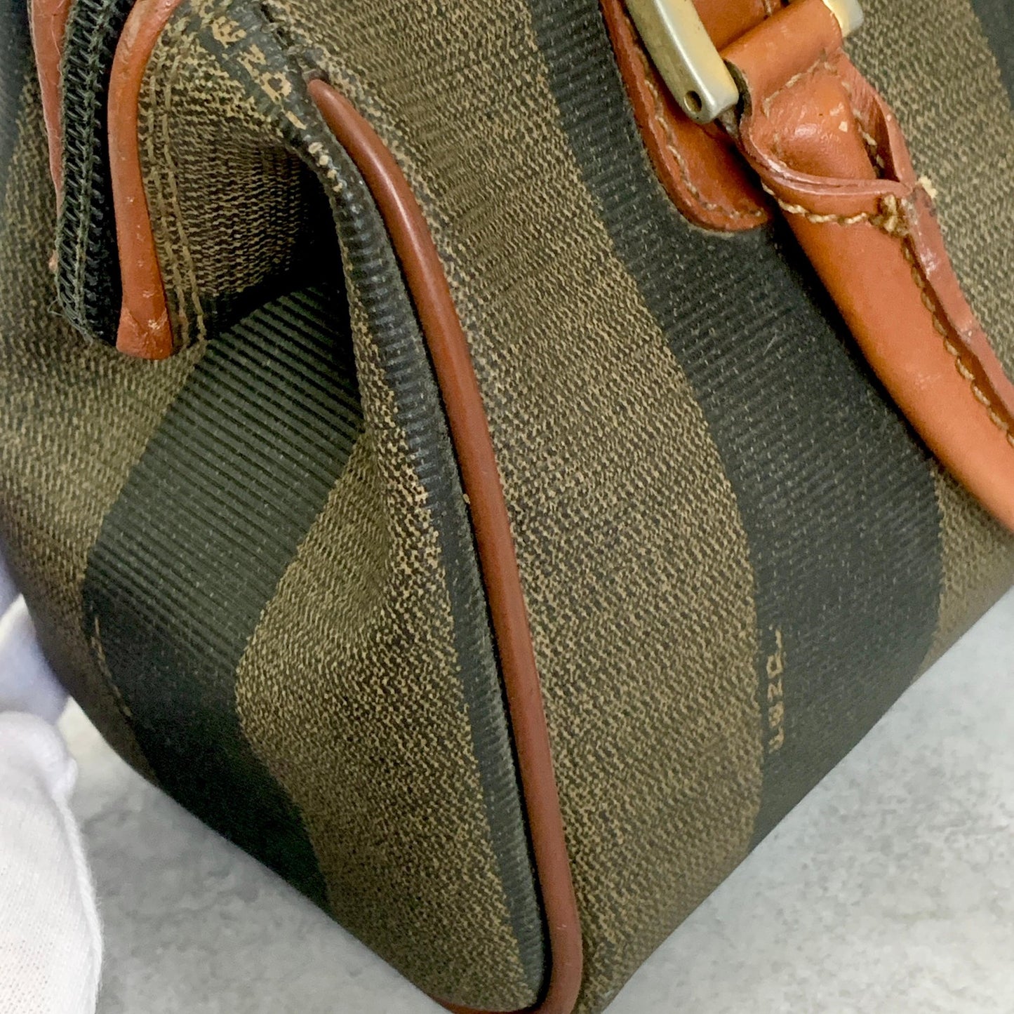 FENDI Hand Bag Pecan Mini Boston Tote Purse Leather Brown Silver Authentic