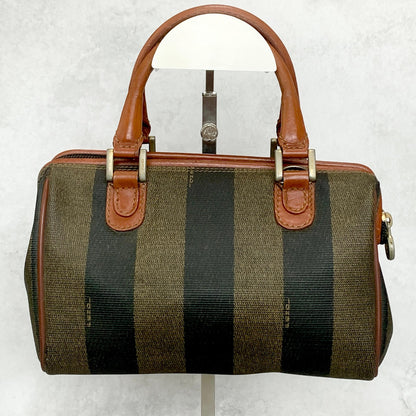 FENDI Hand Bag Pecan Mini Boston Tote Purse Leather Brown Silver Authentic
