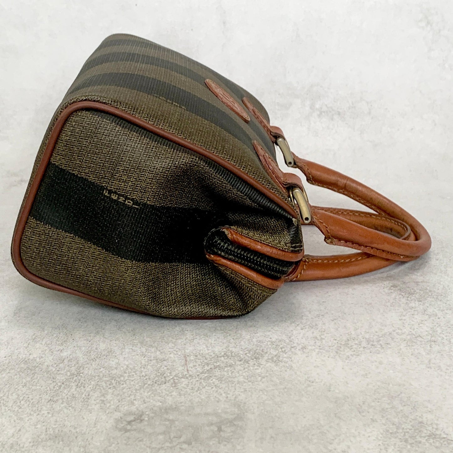 FENDI Hand Bag Pecan Mini Boston Tote Purse Leather Brown Silver Authentic