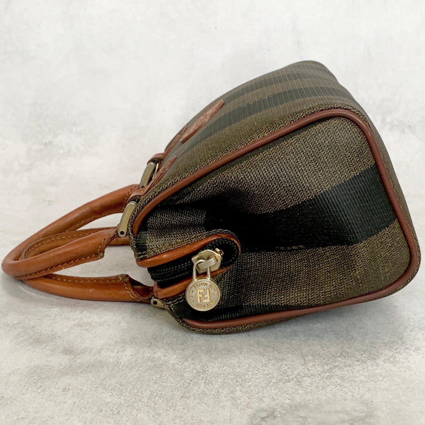 FENDI Hand Bag Pecan Mini Boston Tote Purse Leather Brown Silver Authentic