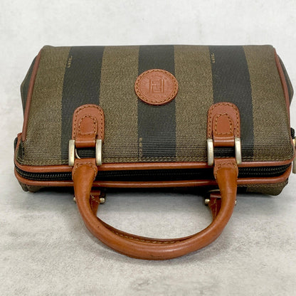 FENDI Hand Bag Pecan Mini Boston Tote Purse Leather Brown Silver Authentic