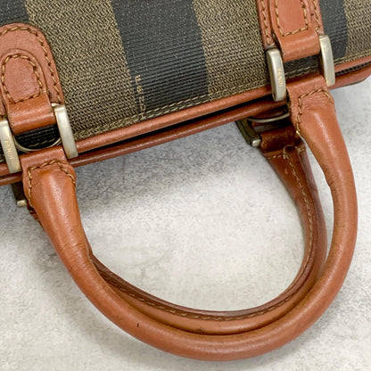FENDI Hand Bag Pecan Mini Boston Tote Purse Leather Brown Silver Authentic