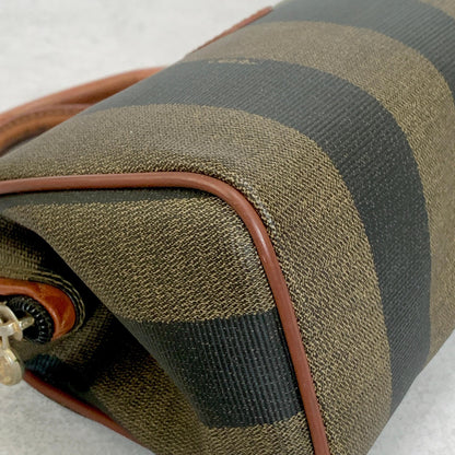 FENDI Hand Bag Pecan Mini Boston Tote Purse Leather Brown Silver Authentic