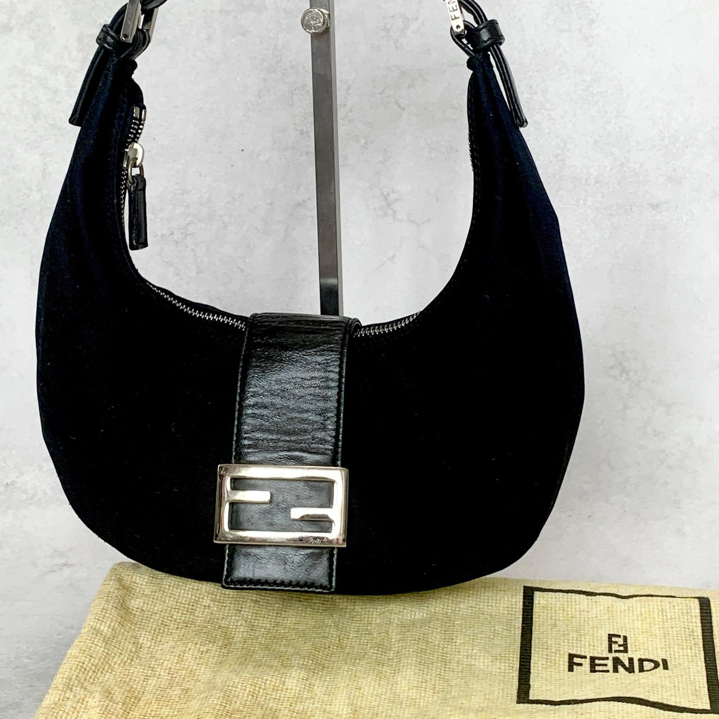 FENDI Croissant Bag Mamma Baguette Shoulder Purse FF Cotton Black Silver Auth