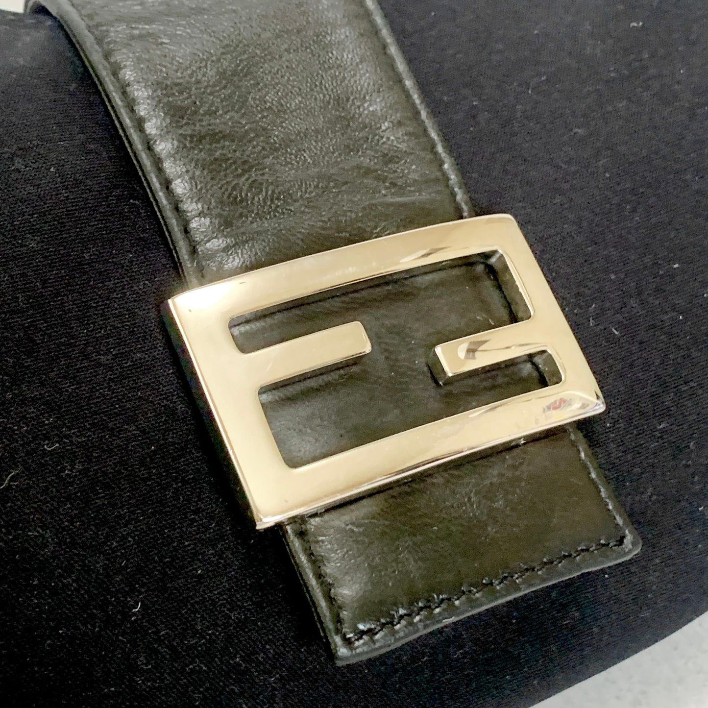 FENDI Croissant Bag Mamma Baguette Shoulder Purse FF Cotton Black Silver Auth