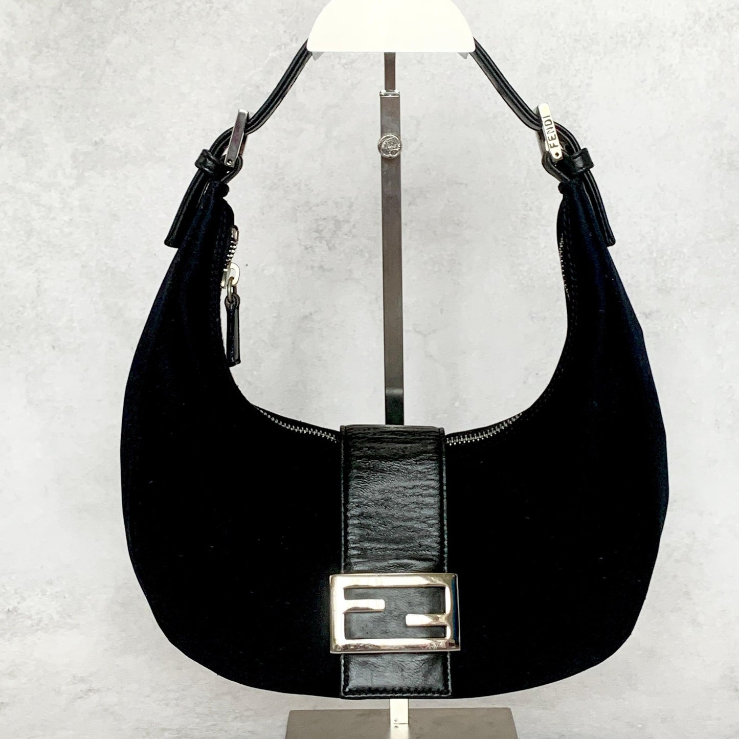 FENDI Croissant Bag Mamma Baguette Shoulder Purse FF Cotton Black Silver Auth