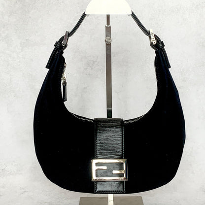 FENDI Croissant Bag Mamma Baguette Shoulder Purse FF Cotton Black Silver Auth