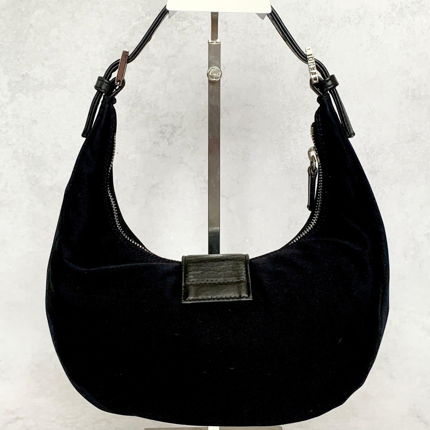 FENDI Croissant Bag Mamma Baguette Shoulder Purse FF Cotton Black Silver Auth