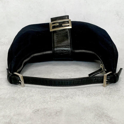FENDI Croissant Bag Mamma Baguette Shoulder Purse FF Cotton Black Silver Auth