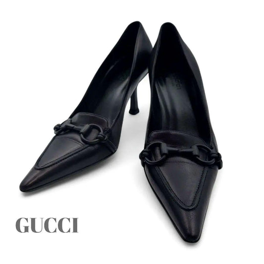 GUCCI Shoes Pumps Heel Horsebit EU 36 US 6 Leather Black Authentic