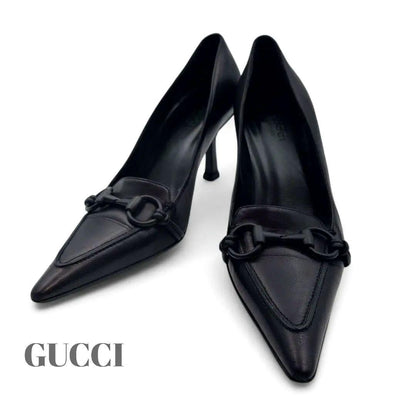 GUCCI Shoes Pumps Heel Horsebit EU 36 US 6 Leather Black Authentic