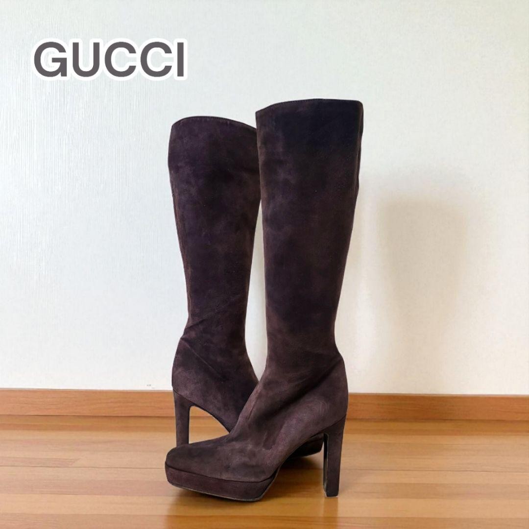 GUCCI Long Boots Shoes EU 35.5 US 5.5 Suede Dark Brown Authentic