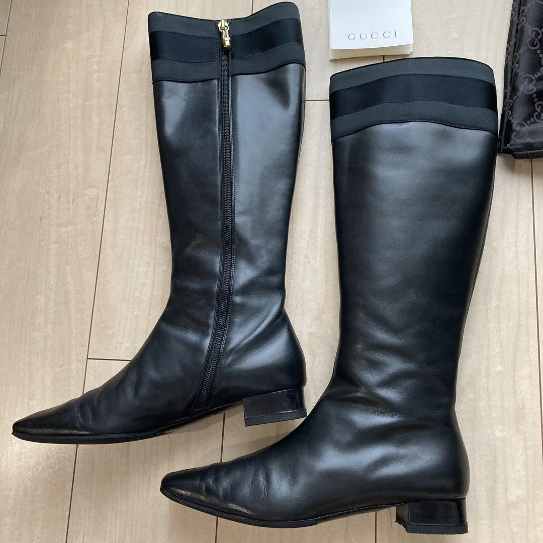 GUCCI Long Boots Shoes EU 37.5 US 7.5 Leather Black Authentic