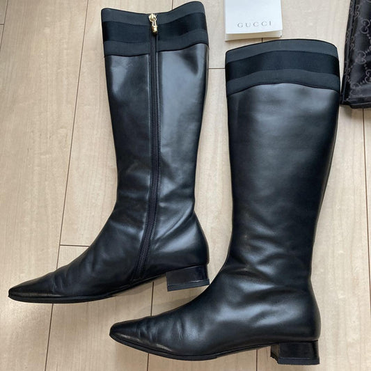 GUCCI Long Boots Shoes EU 37.5 US 7.5 Leather Black Authentic