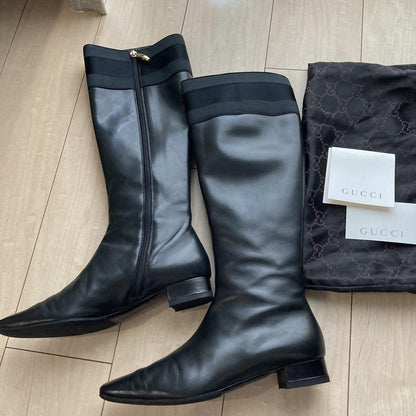 GUCCI Long Boots Shoes EU 37.5 US 7.5 Leather Black Authentic