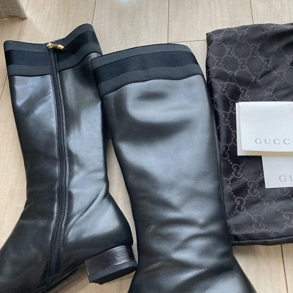 GUCCI Long Boots Shoes EU 37.5 US 7.5 Leather Black Authentic