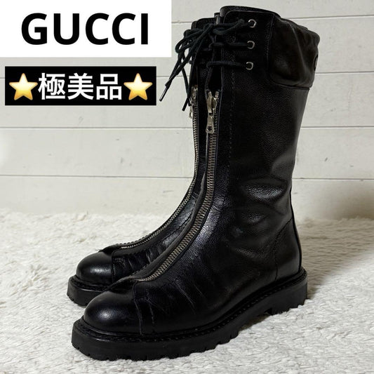 GUCCI Front zip Boots Shoes EU 36 US 6 Leather Black Authentic