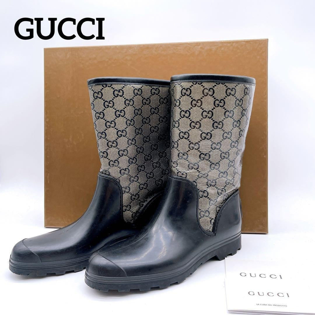 GUCCI Rain Boots Shoes GG Supreme EU 37 US 7 Beige Black Authentic