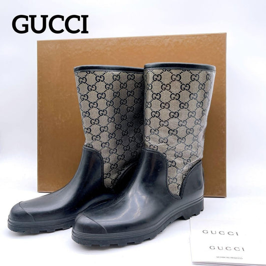GUCCI Rain Boots Shoes GG Supreme EU 37 US 7 Beige Black Authentic