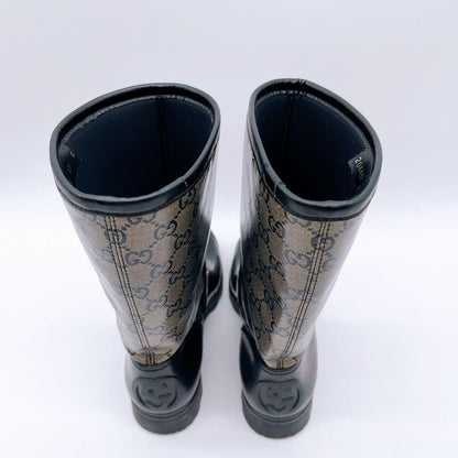 GUCCI Rain Boots Shoes GG Supreme EU 37 US 7 Beige Black Authentic