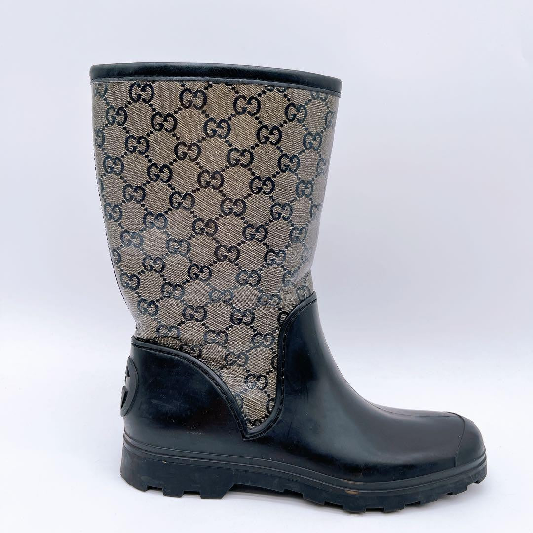 GUCCI Rain Boots Shoes GG Supreme EU 37 US 7 Beige Black Authentic