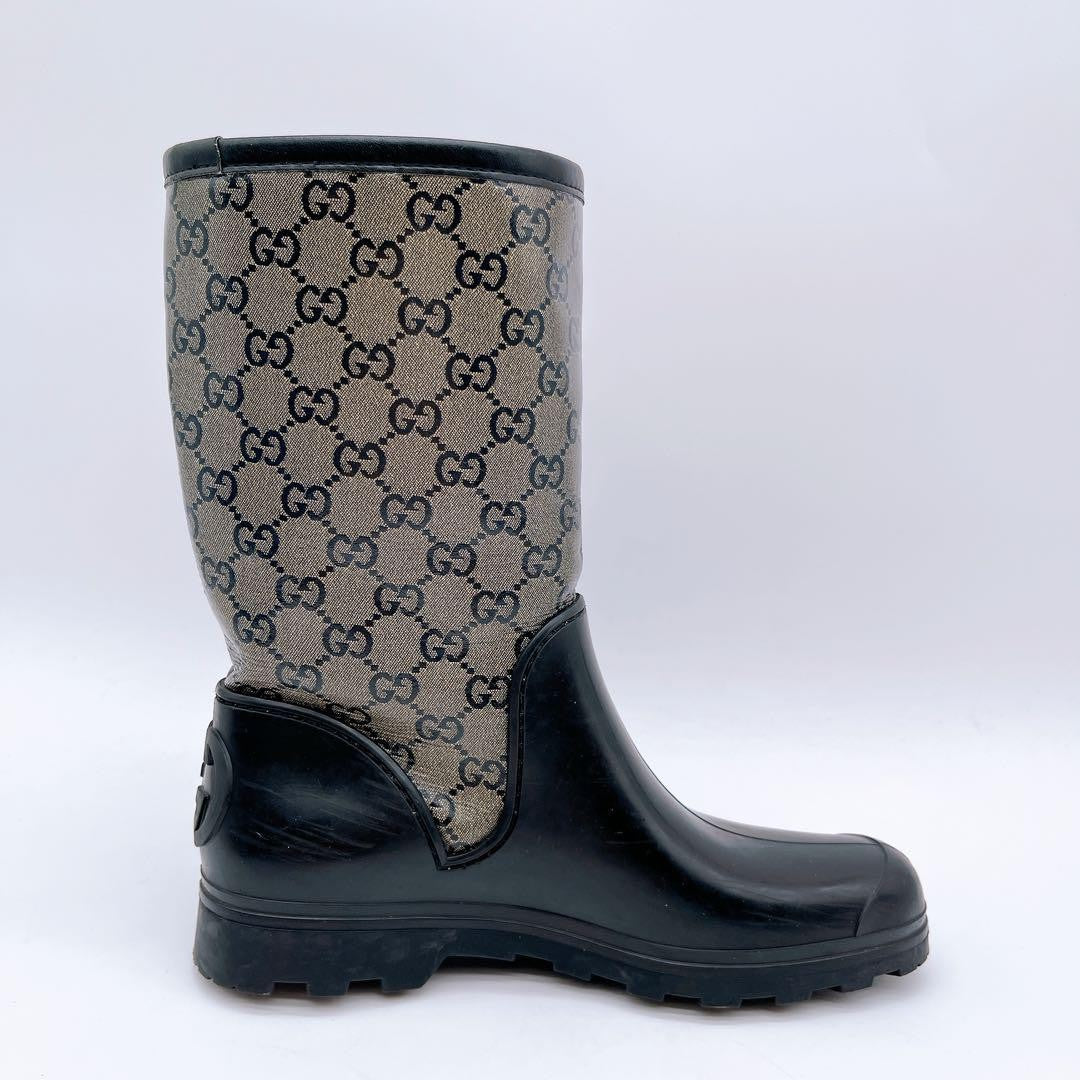 GUCCI Rain Boots Shoes GG Supreme EU 37 US 7 Beige Black Authentic