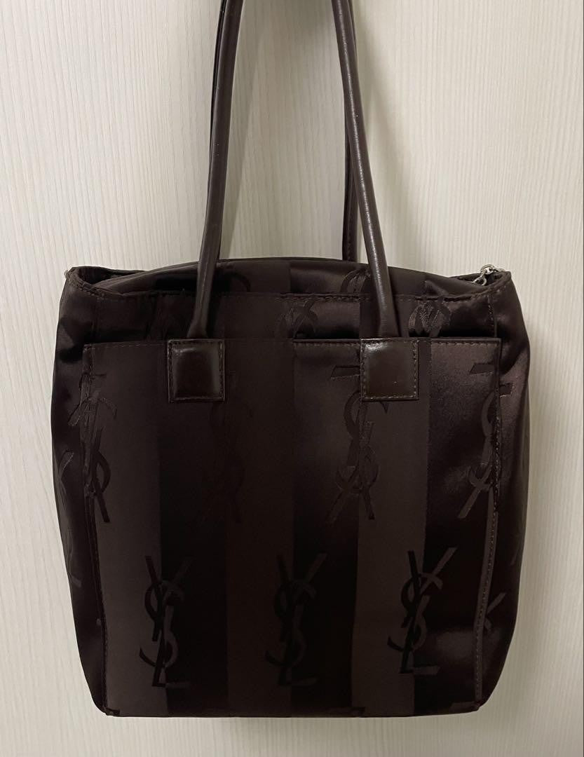 Saint Laurent Hand Bag Tote Purse YSL Cassandra Nylon Leather Dark Brown Auth