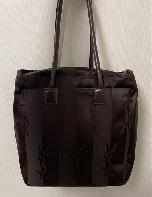Saint Laurent Hand Bag Tote Purse YSL Cassandra Nylon Leather Dark Brown Auth