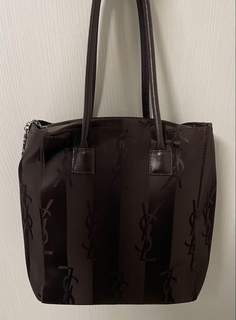Saint Laurent Hand Bag Tote Purse YSL Cassandra Nylon Leather Dark Brown Auth