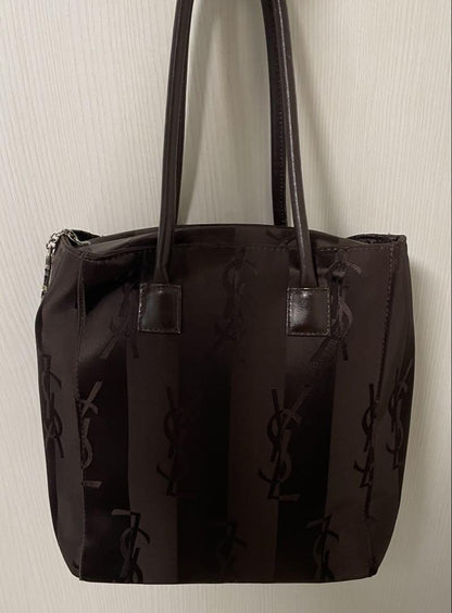 Saint Laurent Hand Bag Tote Purse YSL Cassandra Nylon Leather Dark Brown Auth