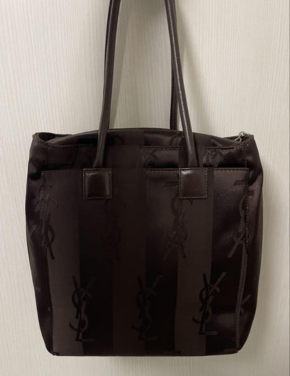 Saint Laurent Hand Bag Tote Purse YSL Cassandra Nylon Leather Dark Brown Auth