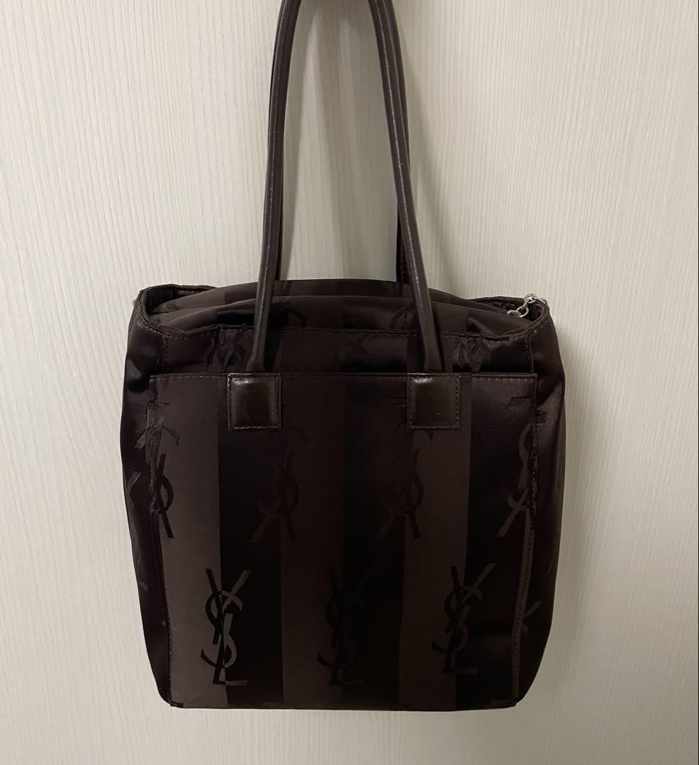 Saint Laurent Hand Bag Tote Purse YSL Cassandra Nylon Leather Dark Brown Auth