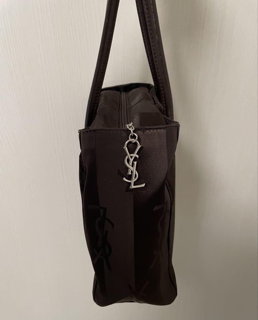 Saint Laurent Hand Bag Tote Purse YSL Cassandra Nylon Leather Dark Brown Auth