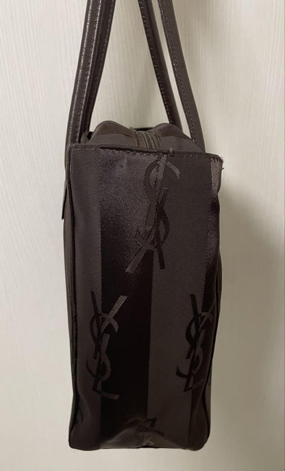 Saint Laurent Hand Bag Tote Purse YSL Cassandra Nylon Leather Dark Brown Auth
