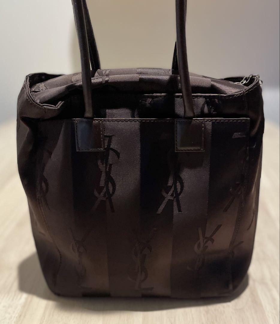 Saint Laurent Hand Bag Tote Purse YSL Cassandra Nylon Leather Dark Brown Auth