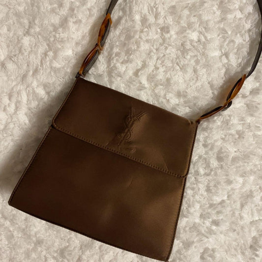 Saint Laurent Hand Shoulder Bag Tote Purse YSL Cassandra Nylon Leather Brown
