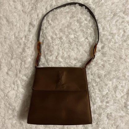 Saint Laurent Hand Shoulder Bag Tote Purse YSL Cassandra Nylon Leather Brown