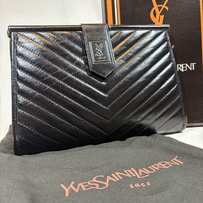 Saint Laurent Clutch Bag Second Bag YSL Cassandra Leather Black Authentic